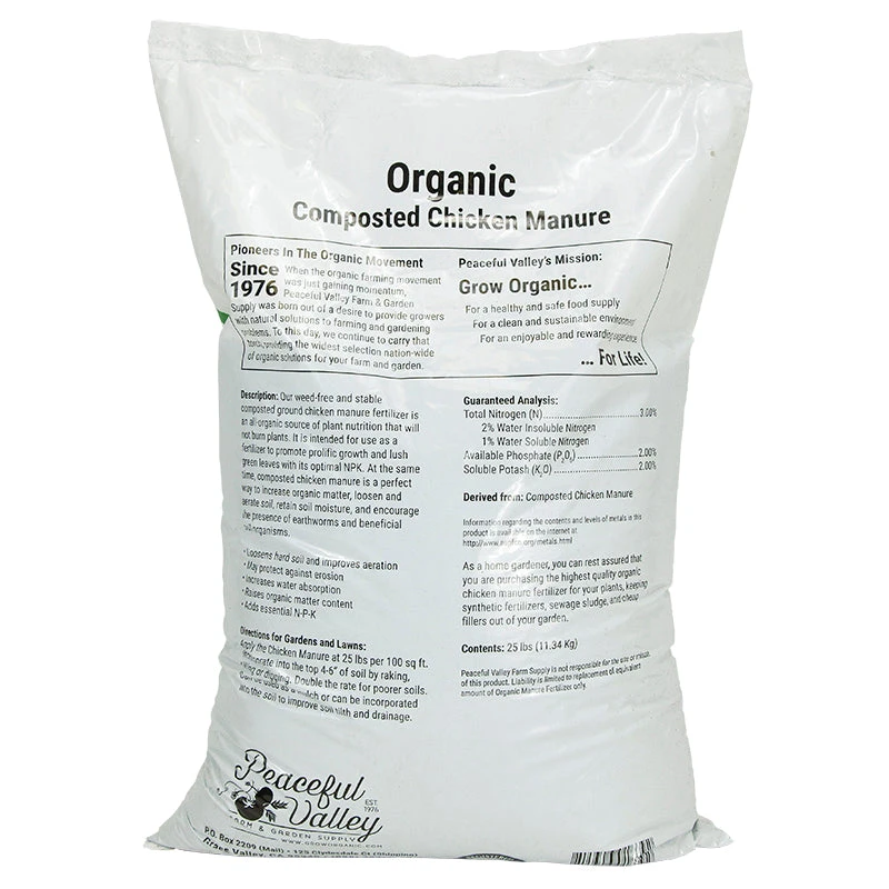 Peaceful Valley Organics Premium Composted Chicken Manure 3-2-2 (25 Lb) 4 Peaceful Valley Organics Premium Composted Chicken Manure 3-2-2 (25 Lb) - Image 2